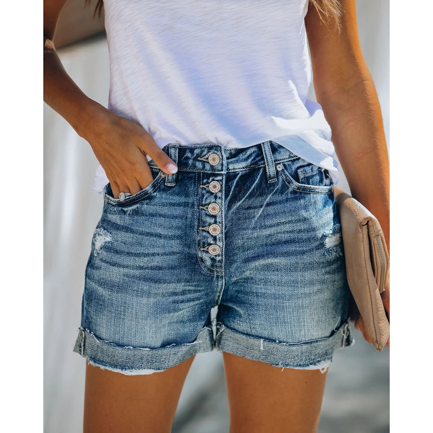 Women's Denim Jean Shorts for Juniors High Waisted Stretchy Distressed with Frayed Hem Button Closure and Pockets Casual Summer Teen Girls Blue