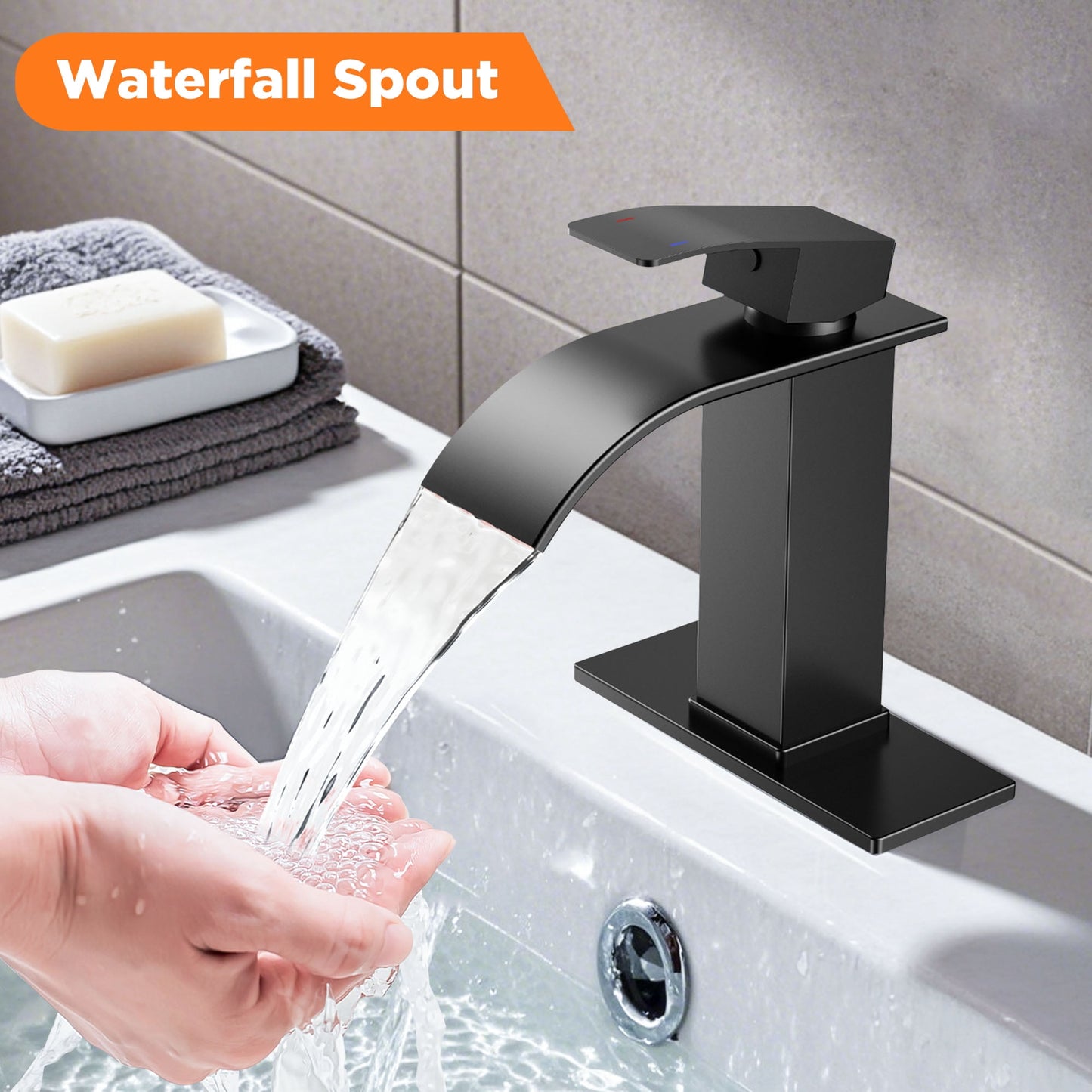TVOFEK Black Waterfall Bathroom Faucet 1 or 3 Hole, Single Handle Bathroom Sink Faucet with Deck and Pop-up Drain for Lavatory Washbasin