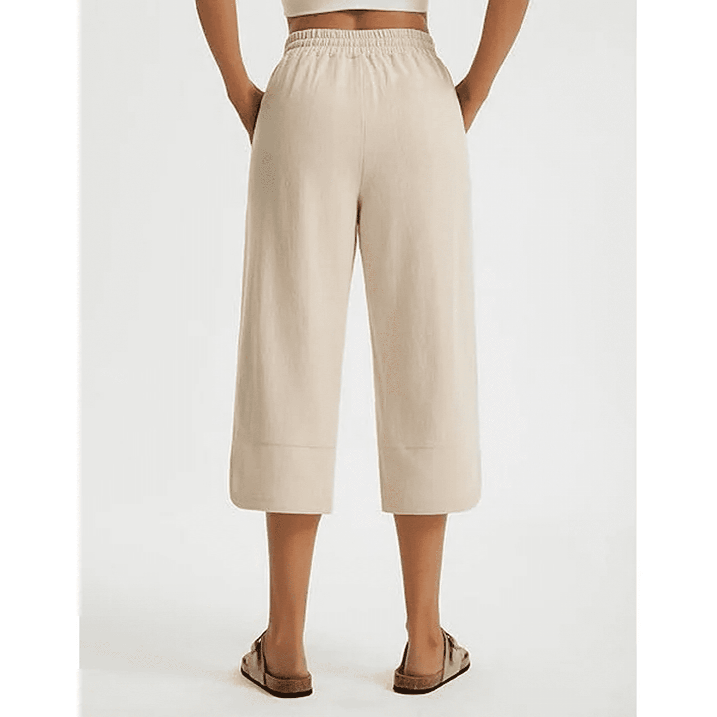WQD Women's Capri Pants High Waisted Linen Wide Leg Trousers Summer Casual Palazzo Work Pants with Pockets