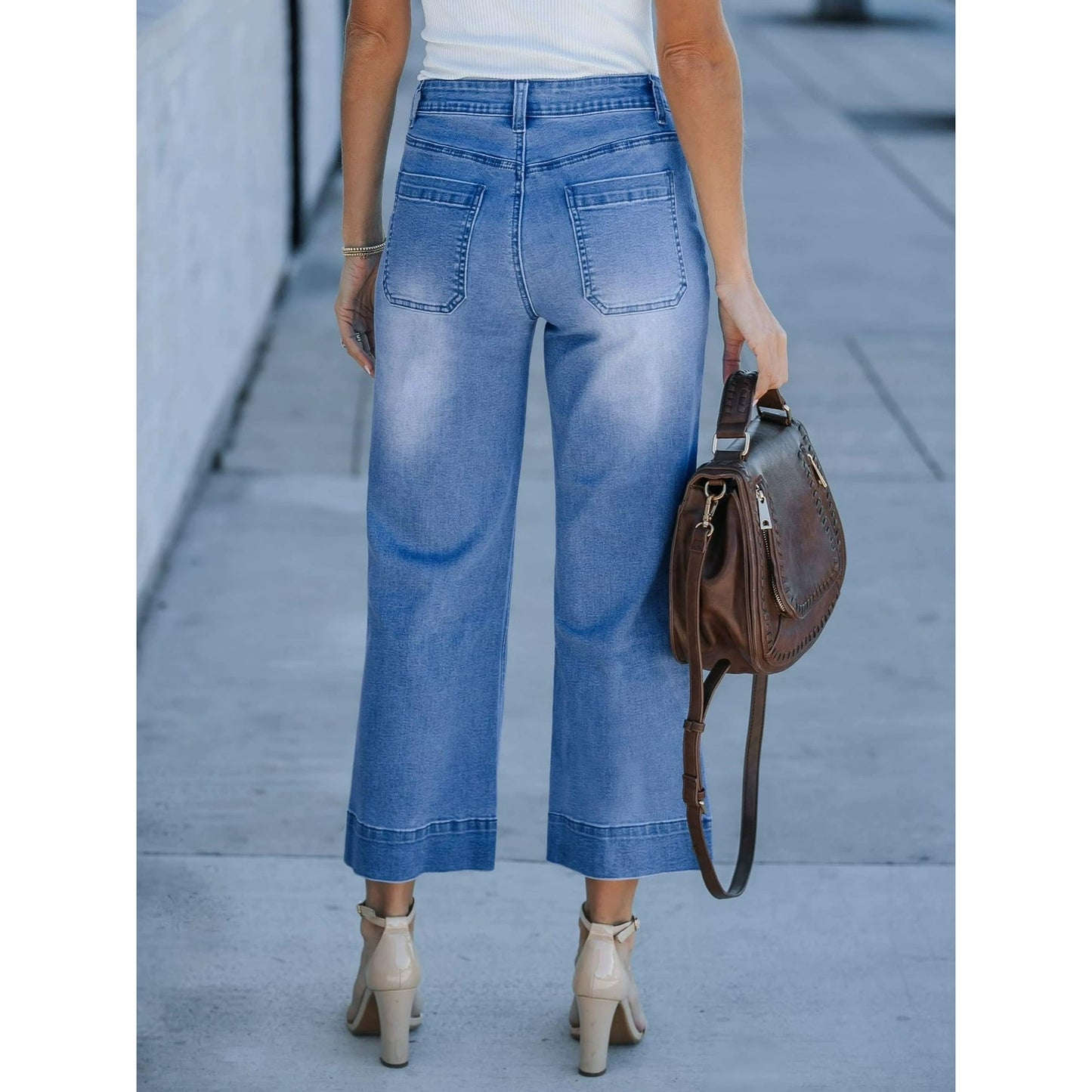 Women's Wide Leg Jeans Denim Pants Crop Flare Leg Jeans High Waisted Stretchy Straight Leg with Buttoned AnklesTrendy Casual with Pocket