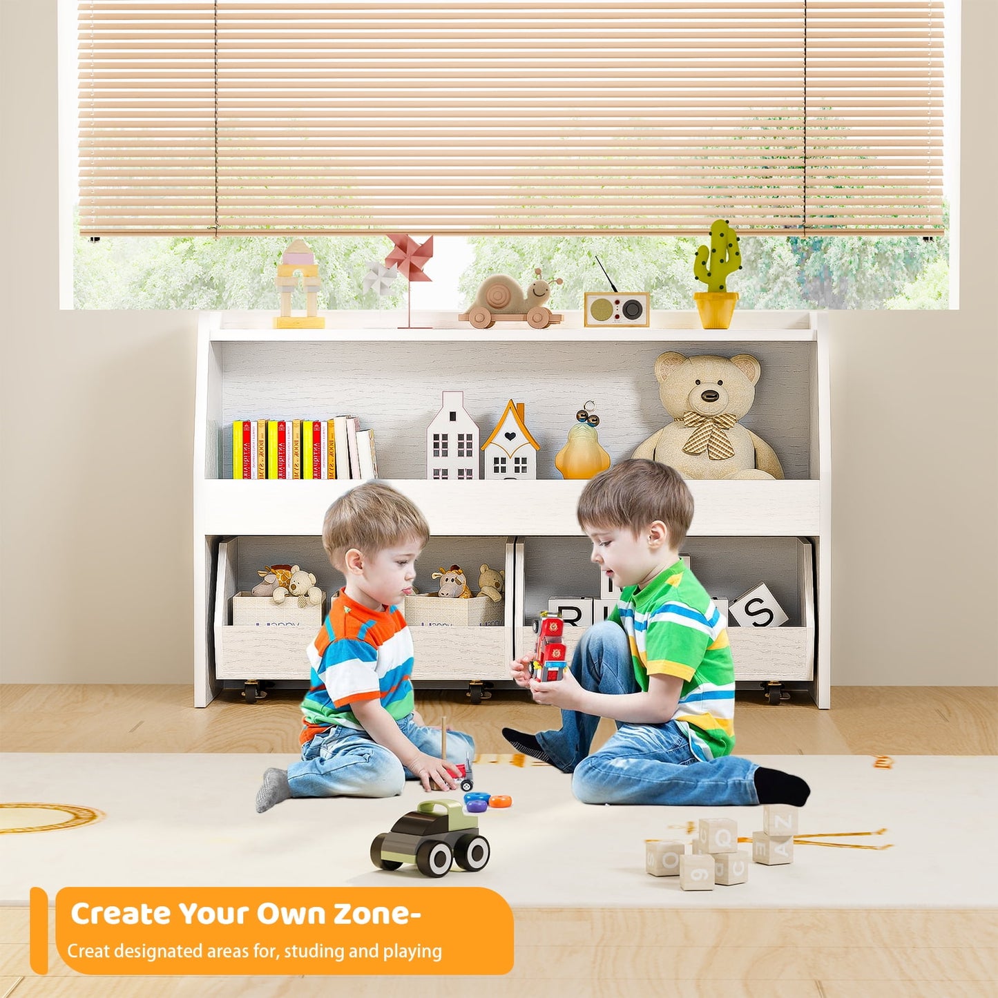 2-Tier Portable Toy Storage, Kids Toy Organizer W/2 Removable Bins with 4 Wheels（White)