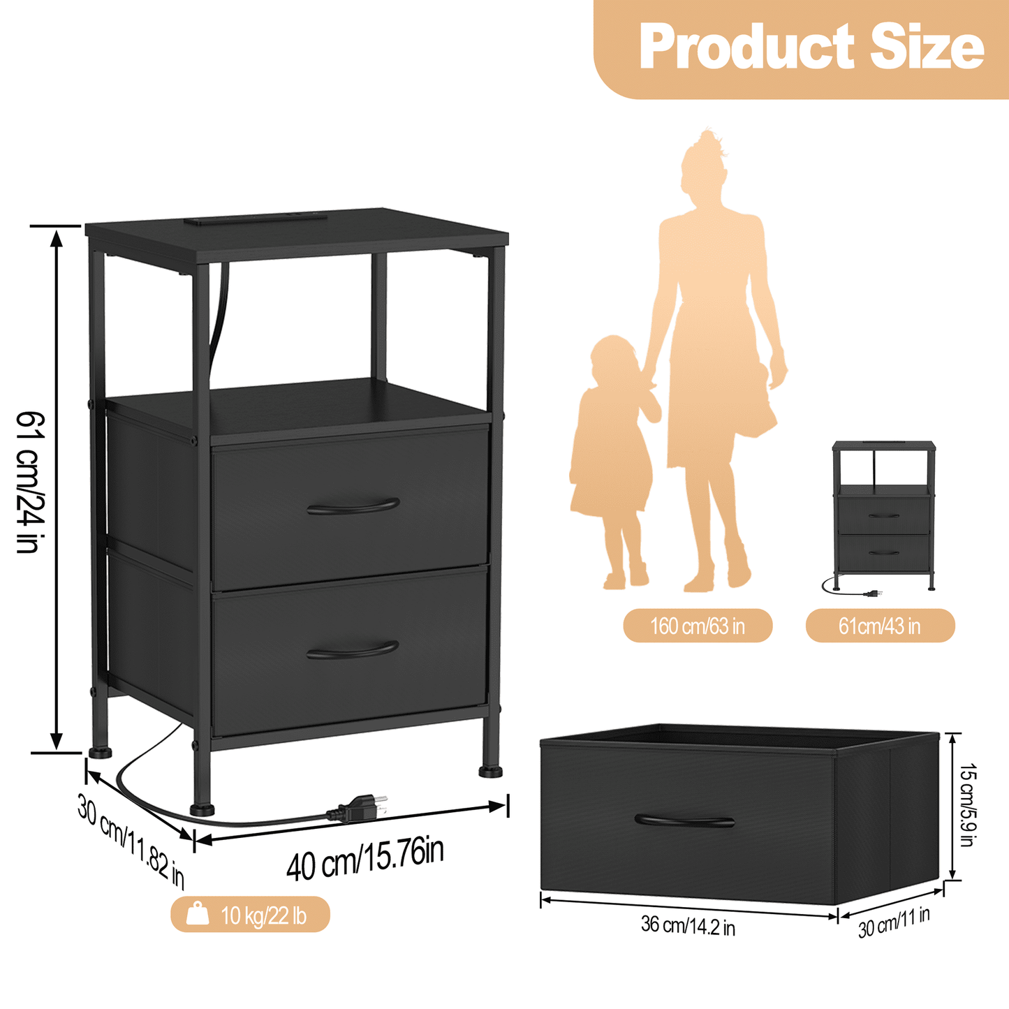 EZKAMFORT NightStand Set 2 for Bedroom, Side Table with Charging Station, Black End Tables with Usb Ports and Outlets