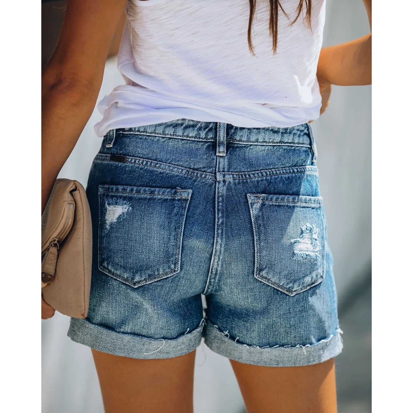 Women's Denim Jean Shorts for Juniors High Waisted Stretchy Distressed with Frayed Hem Button Closure and Pockets Casual Summer Teen Girls Blue