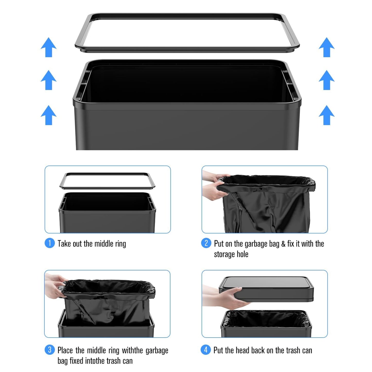 13 Gallon(50L) Kitchen Trash Can with Odor Filter, Holaki Stainless Steel Oval Automatic Trash Can, Touchless Rectangular Motion Sensor, Removable Inner Bucket, Black