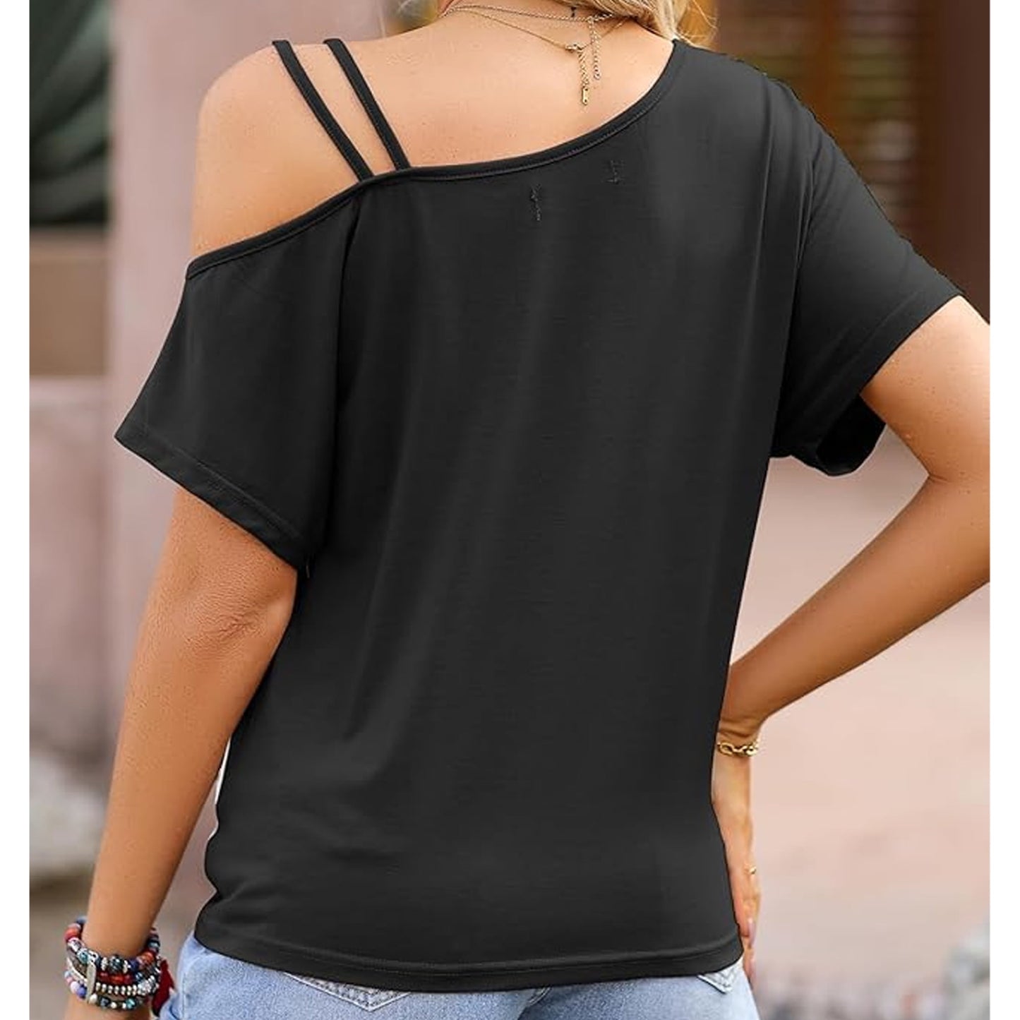SOMER Women's Tops 2025 Off the Shoulder T Shirts for Women Summer Tops Loose Tops Color Block