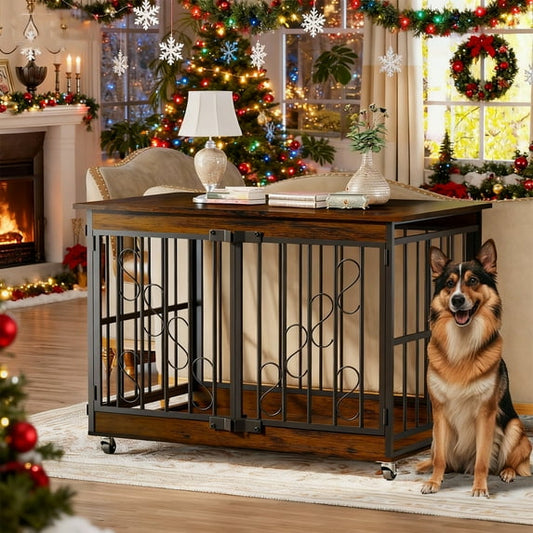 48 inch Dog Cage Furniture for Extra Large Dog, Double-Doors Heavy Duty Dog Crate with 360° Caster Wheels, Dog Kennel Indoor Decorative Pet House Dog Cage Table, Brown