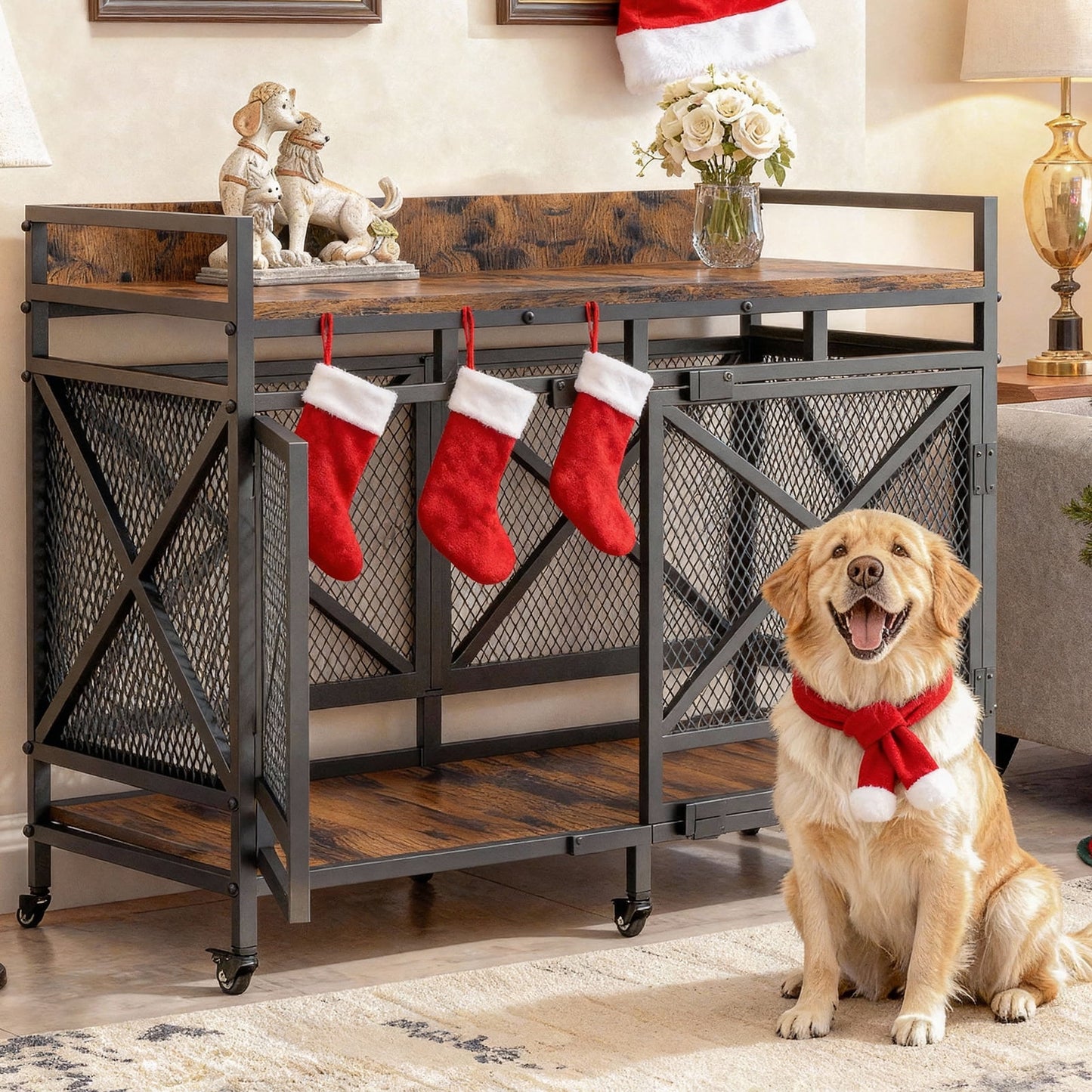 48 inch Dog Crate Furniture for Large Breeds (up to 90 lb), Wooden & Steel, 360° Casters, Waterproof Top, Steel Lock,Vintage Brown