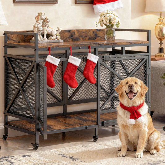 48 inch Dog Crate Furniture for Large Breeds (up to 90 lb), Wooden & Steel, 360° Casters, Waterproof Top, Steel Lock,Vintage Brown