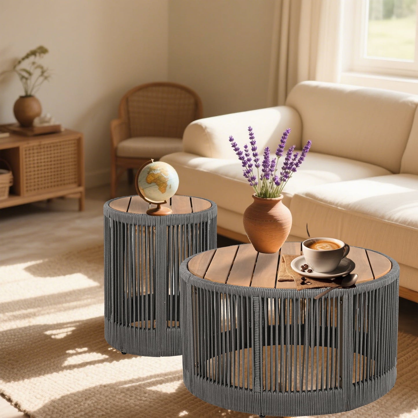 Dranite Rustic Industrial Table Set,Coffee Table & Side Table with Woven Rope Design, Sturdy and Easy Assembly,Wood Look Accent Furniture