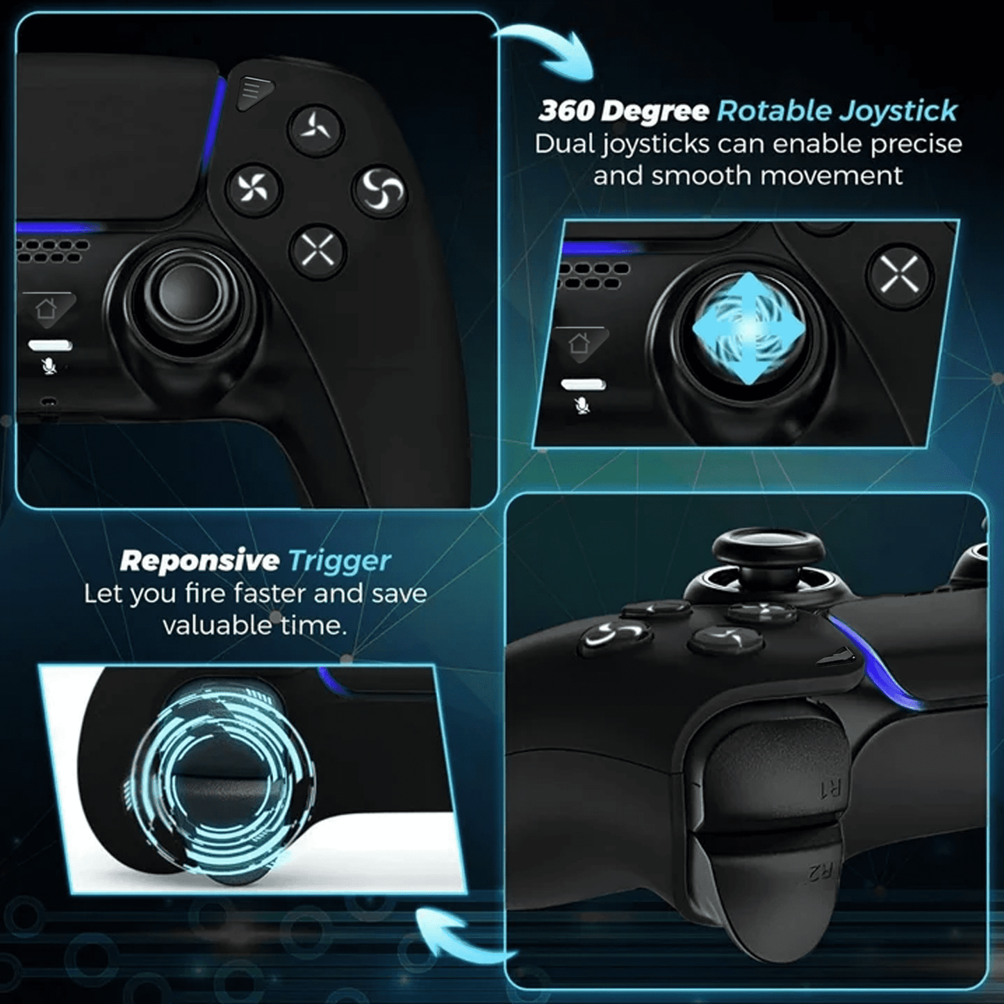 Wireless Controller for P5/Slim/Pro/PC with Dual Vibration & 6-Axis Gyro, USB-C Cable Included, Black, New