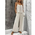 Women's Two-Piece Lounge Set Summer Travel Beach Vacation Suits Solid Sleeveless Cami Top High Waist Wide Leg Pants Casual Leisure Suit Outfit Beige