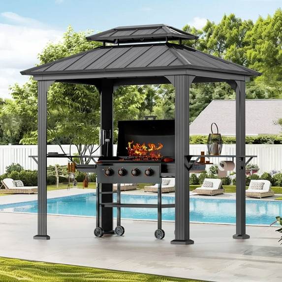 Modern Shade 6‘x 8‘ Gazebo featuring rustproof steel roof, practical storage shelves and lighting hook weather-resistant for backyard bbqs Black