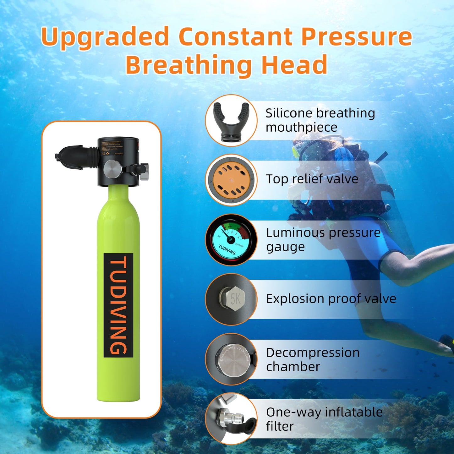TUDIVING Mini Scuba Tank with Snorkel Mask, 0.5L Inflatable Diving Tank Suits for Recreational Snorkeling Shallow Diving
