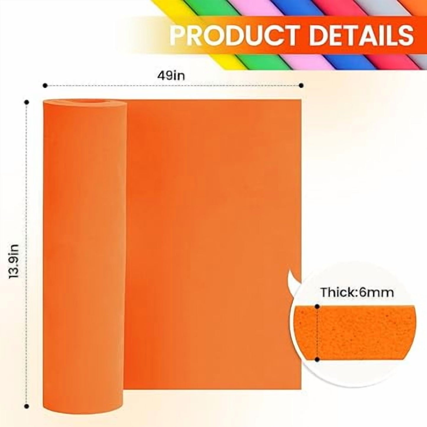 Orange 6mm Eva Foam Sheets, Halloween Crafts Foam, 49"x13.9" Eva Foam Roll High Density 86kg/m3 for Cosplay Supplies, DIY, Cards Making,School