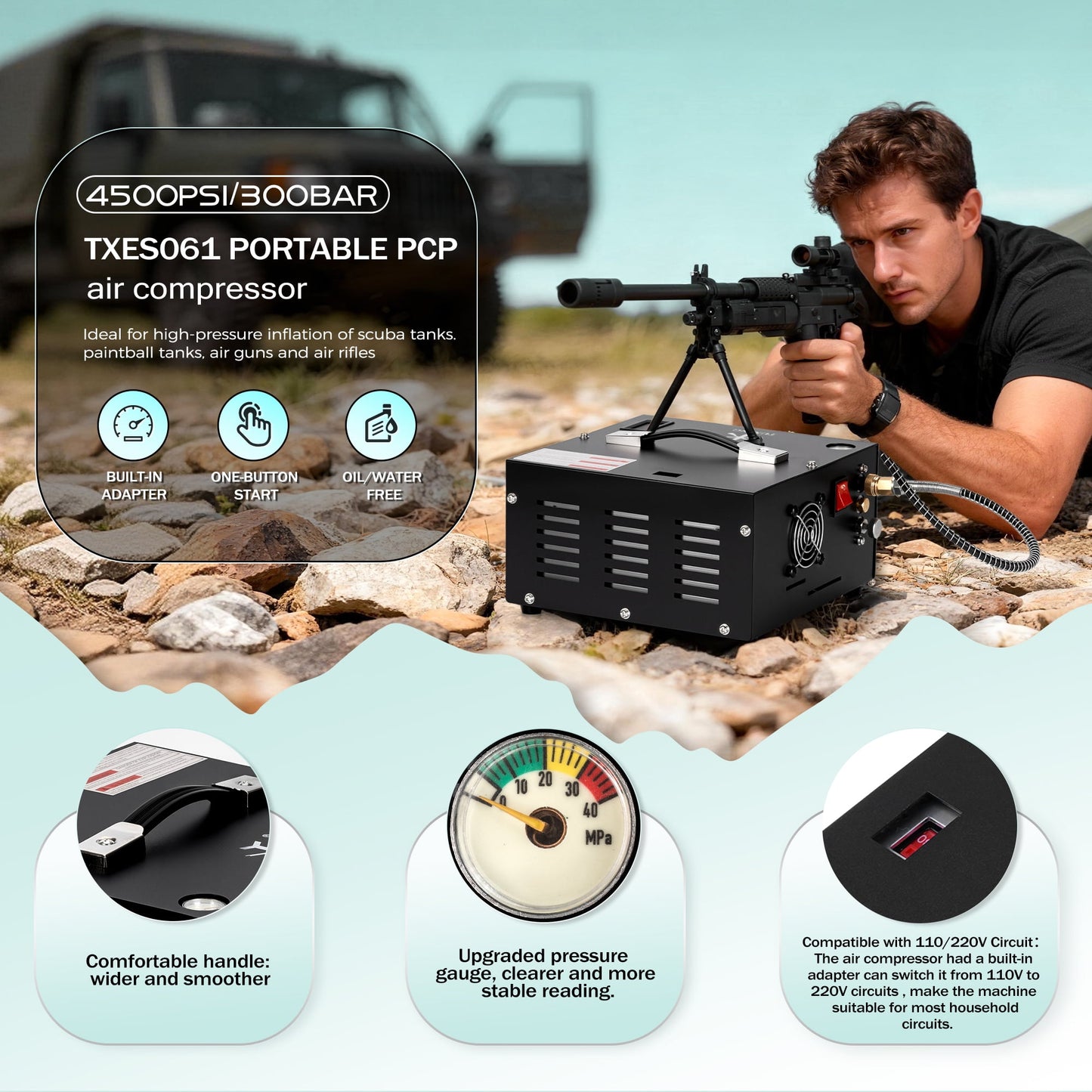 TUDIVING Pcp Air Compressor Built in Converter Pcp Compressor 4500psi/300bar