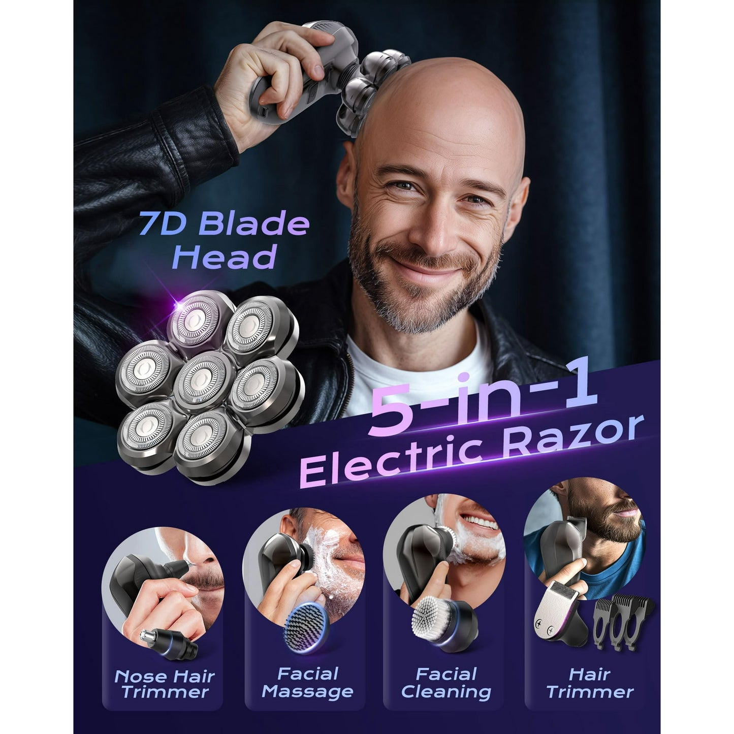 7D Head Shavers for Bald Men, Detachable Head Shaver LED Display Dry Wet Bald Head Razor, IPX7 Waterproof Head Shavers with Type-C Charge