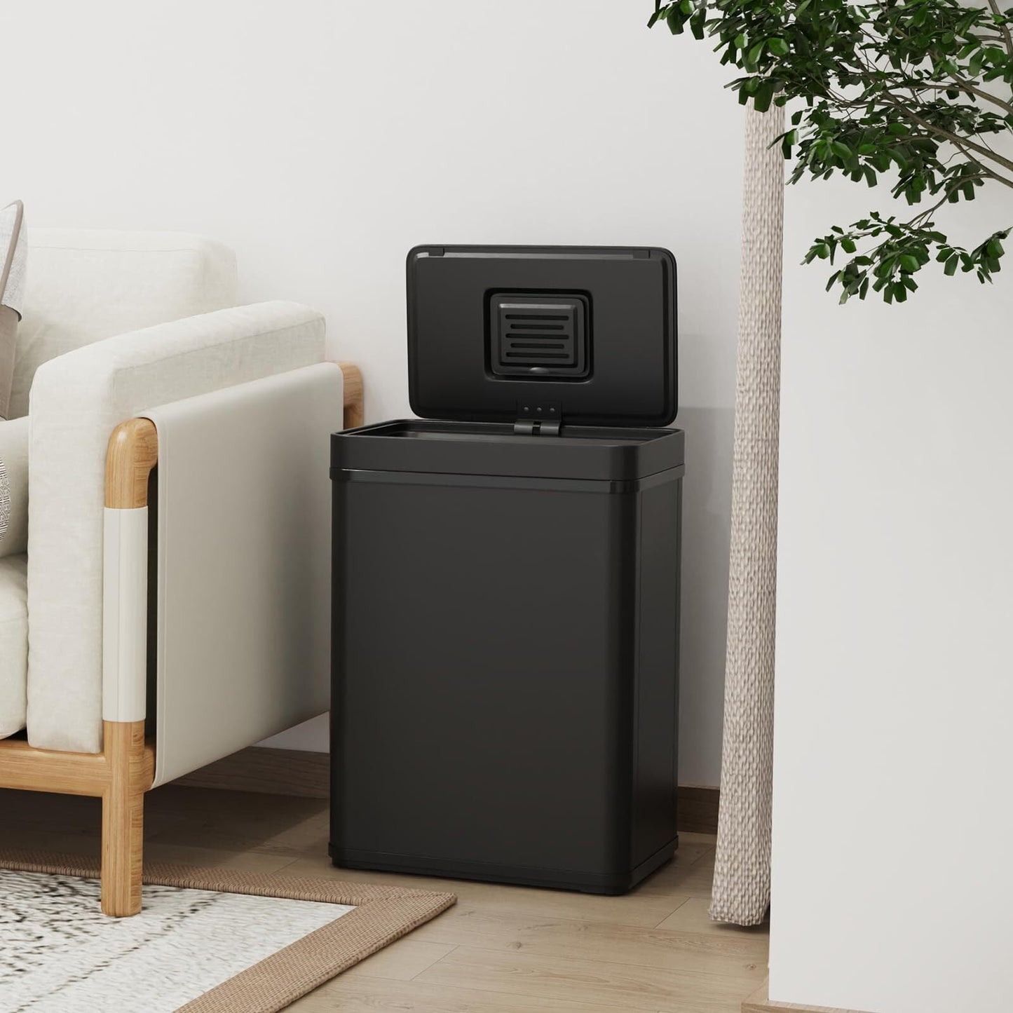 13 Gallon(50L) Kitchen Trash Can with Odor Filter, Holaki Stainless Steel Oval Automatic Trash Can, Touchless Rectangular Motion Sensor, Removable Inner Bucket, Black