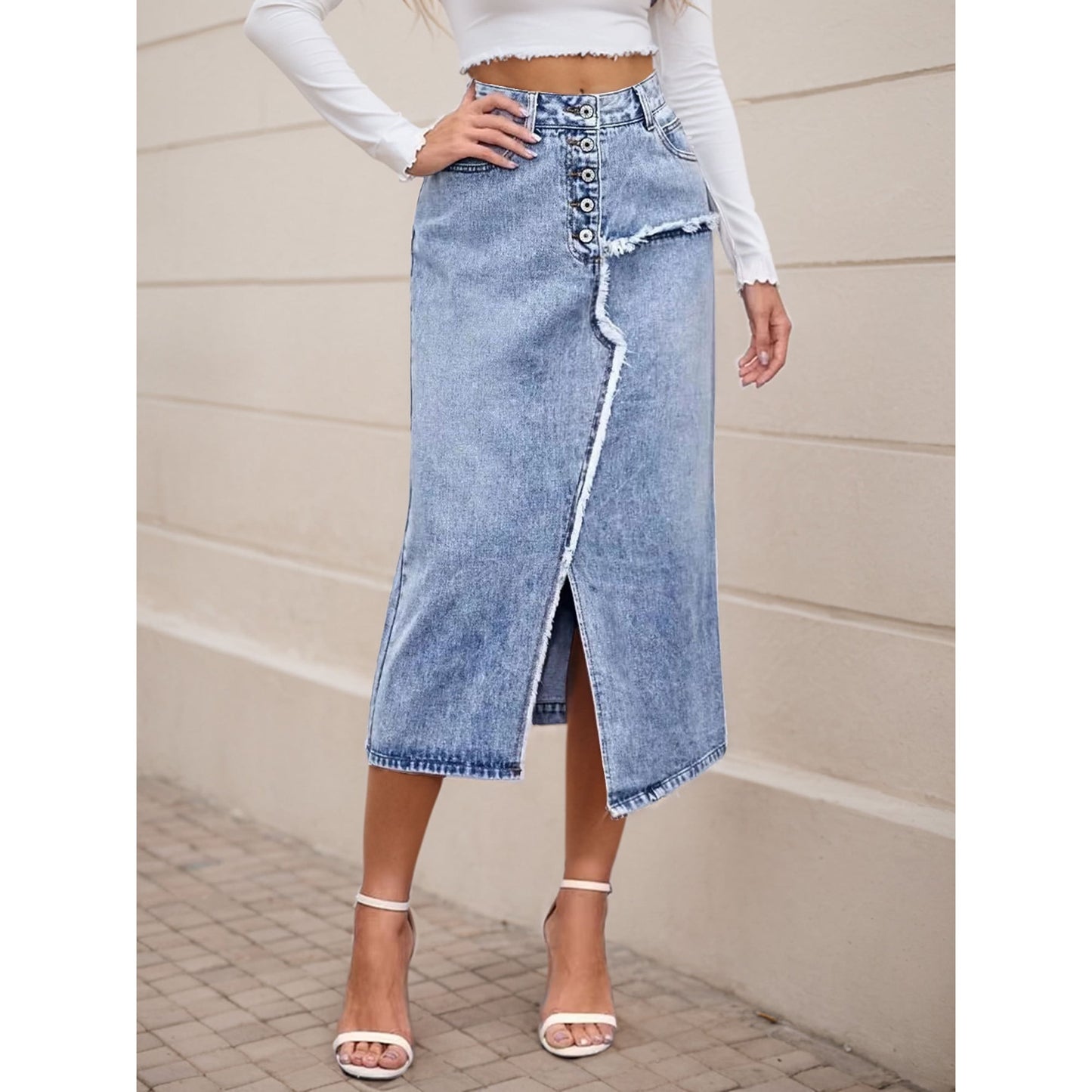 Women's Denim Skirt Long Jean Dress High-Waist Front Split Frayed Raw Hem A-Line Skirt with Pockets Casual Light Blue
