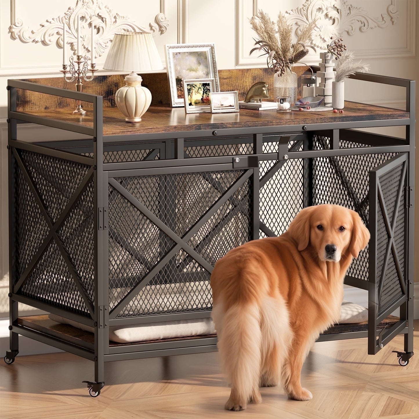 48 inch Dog Crate Furniture for Large Breeds (up to 90 lb), Wooden & Steel, 360° Casters, Waterproof Top, Steel Lock,Vintage Brown