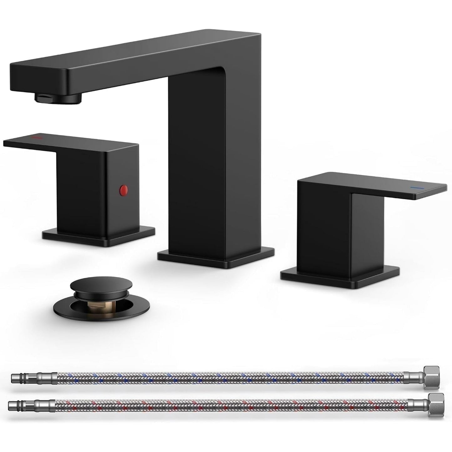 Bathroom Faucets 8 Inch Widespread, Matte Black 3 Hole Sink Faucet with Metal Pop Up Drain, 2 Handle Vanity Faucet, 1.2 GPM Aerator