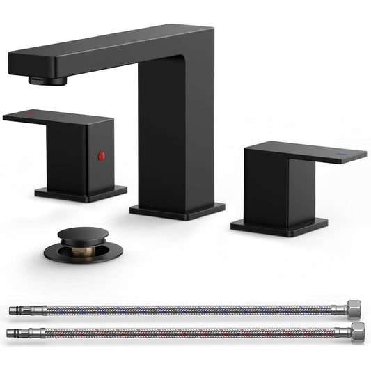 Bathroom Faucets 8 Inch Widespread, Matte Black 3 Hole Sink Faucet with Metal Pop Up Drain, 2 Handle Vanity Faucet, 1.2 GPM Aerator