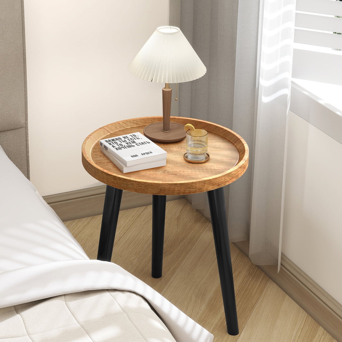 Krpimt Wood Round side Table, 16''D x 19''H End Table for Living Room Bedroom , Easy Assembly Small Table, Natural