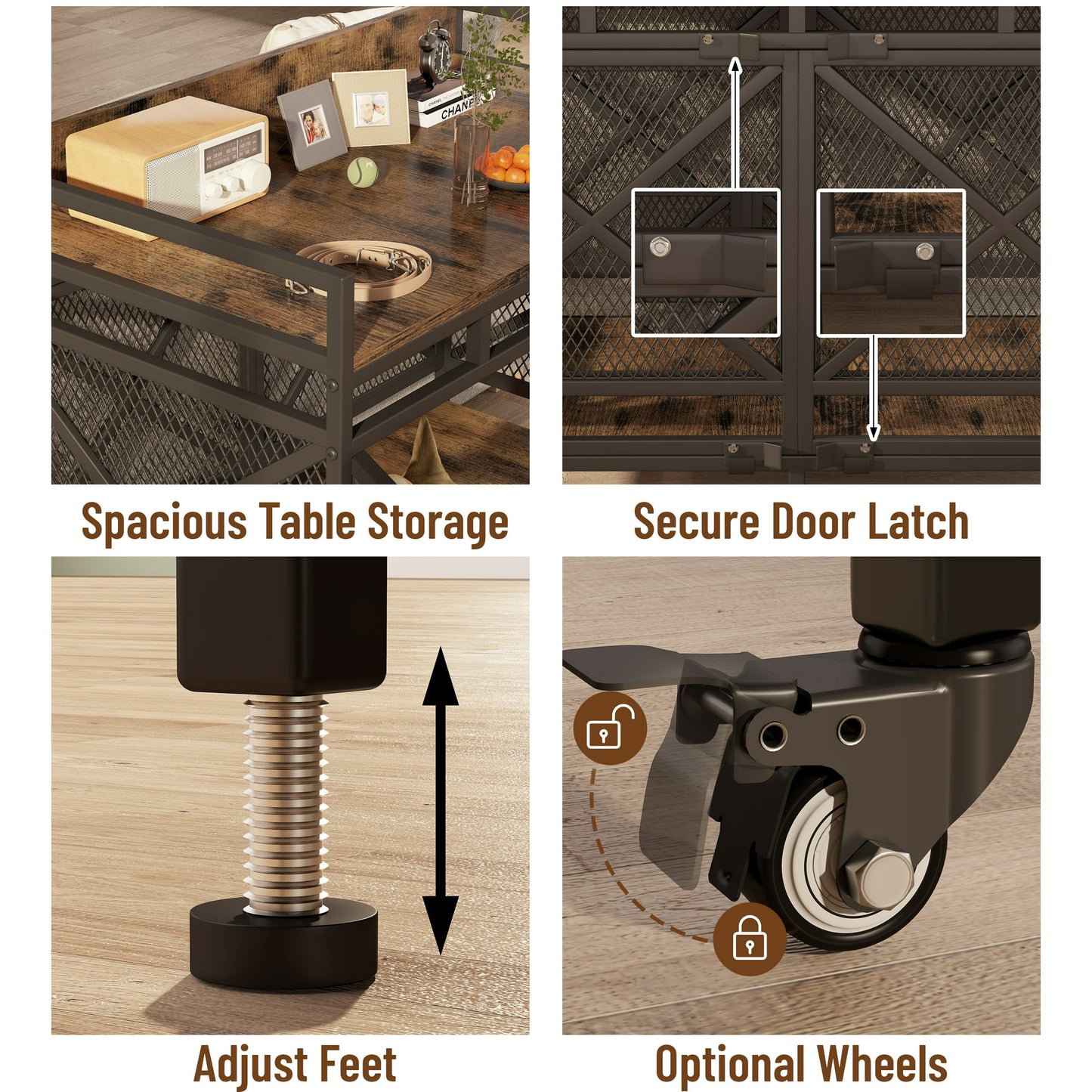 48 inch Dog Crate Furniture for Large Breeds (up to 90 lb), Wooden & Steel, 360° Casters, Waterproof Top, Steel Lock,Vintage Brown