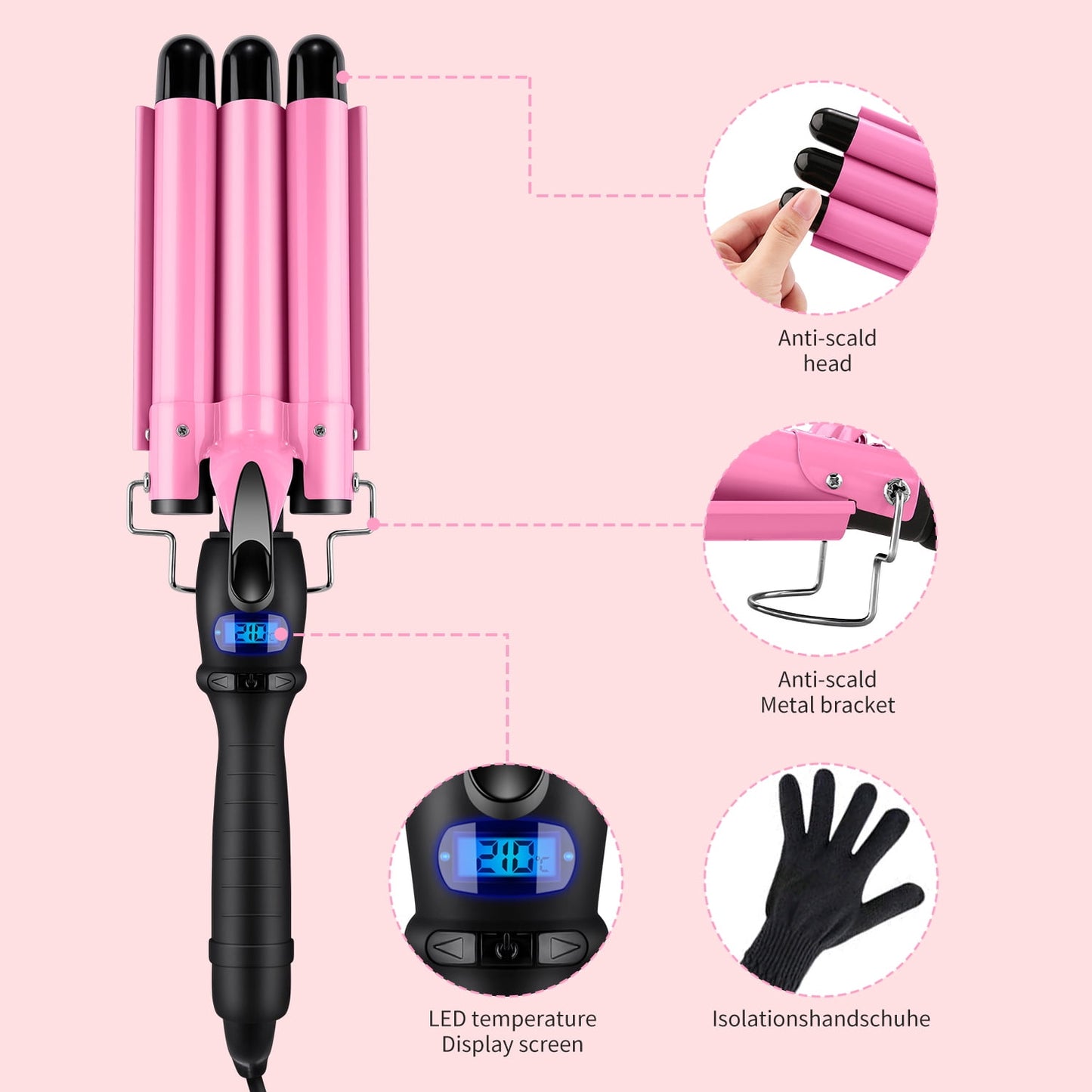 3 Barrel Curling Iron Wand, Jungle Wave 1" Ceramic Triple Barrels Hair Crimper with LCD Display, Gift for Mother's Day, Pink