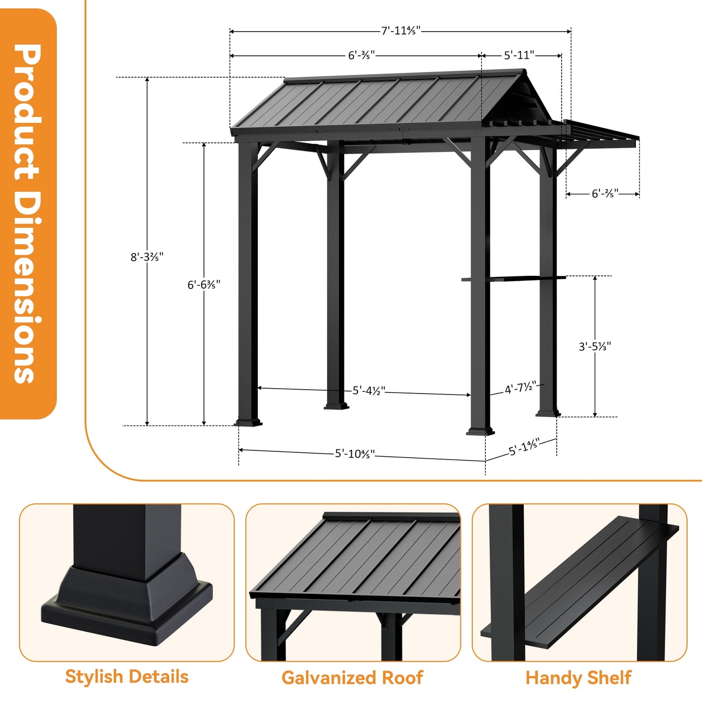 Modern Shade 6'x8' Grill Gazebo 4-Season Galvanized Steel Roof with UV-Blocking Waterproof Canopy, Rust-Resistant Frame & Extended Overhang