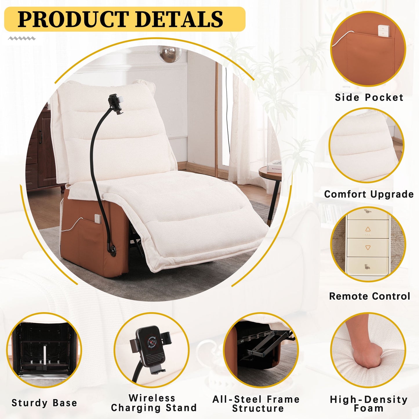 Power Recliner Chair Living Room with Wireless Charging Adjustable Backrest and Footrest, Electric Recliner Chair for Adults, Luxurious Chenille Fabric, Beige