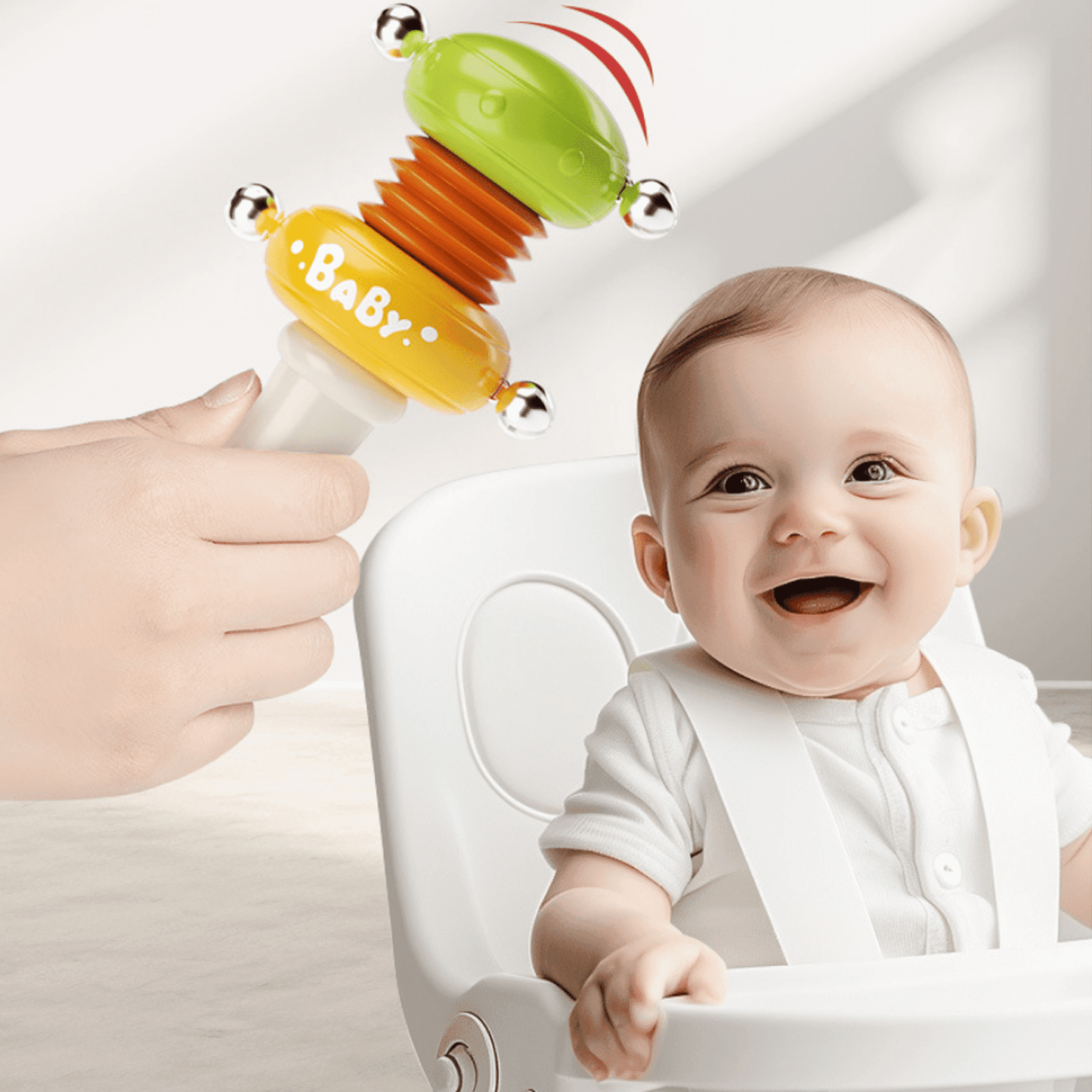 Baby Rattle Toy, Baby Handbell Toy for 6+ Months, Handheld Shaker with Gentle Sounds, Early Learning Sensory Play, Green & Yellow