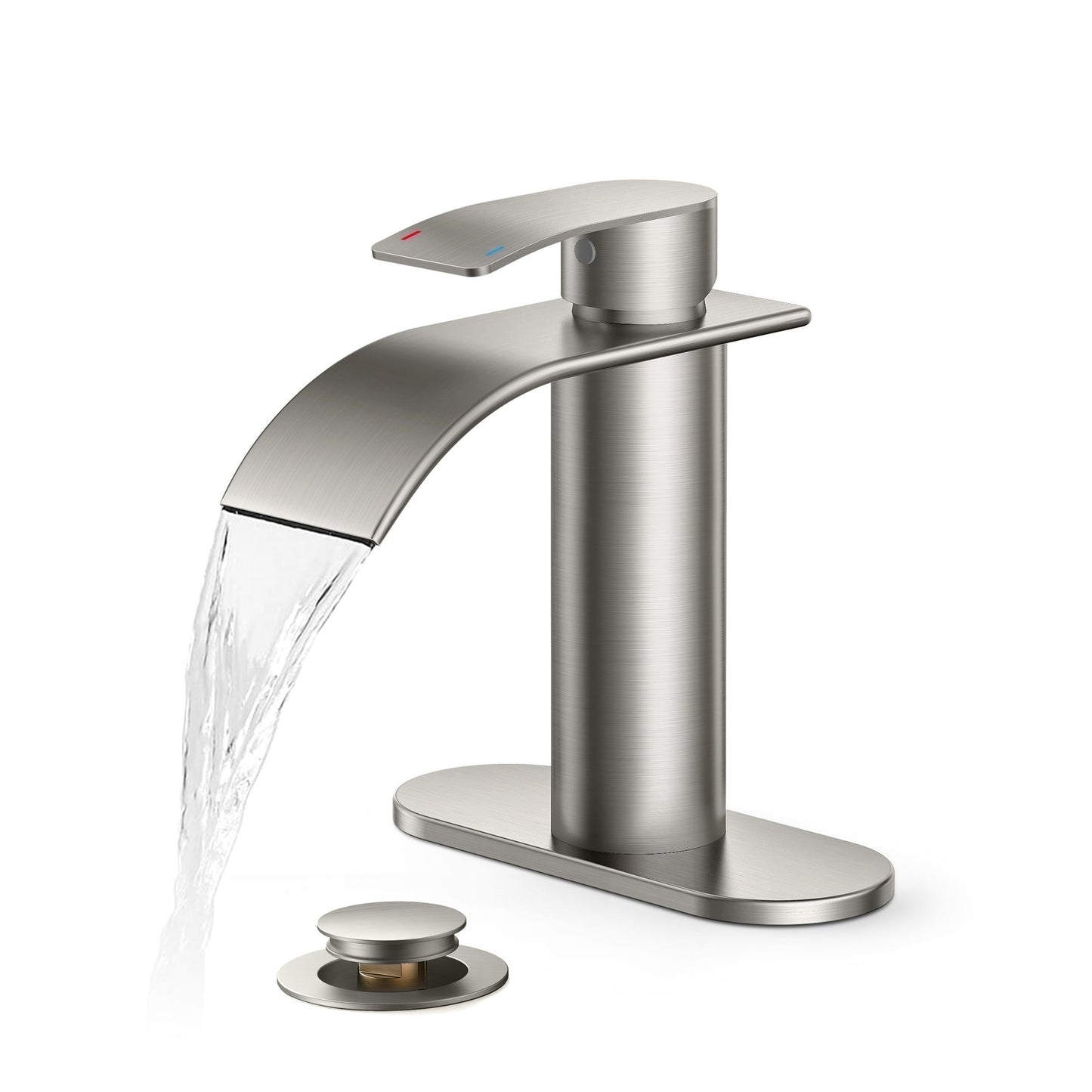 TVOFEK Waterfall Bathroom Faucets for Sink 1 or 3 Hole, Single Handle Vanity Faucet with Metal Pop up Drain and Deck Plate for Basin RV Lavatory, Brushed Nickel