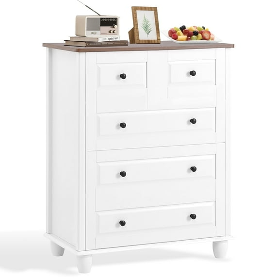 Dranite 5-Drawer Dresser, Fabric Storage Tower for Bedroom, Hallway, Closet, Tall Chest Organizer Unit for Bedroom , Wood Top, Easy Pull Handle, White