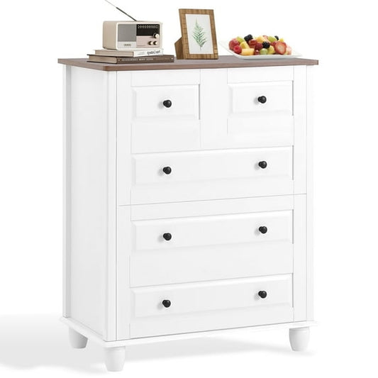 Dranite 5-Drawer Dresser, Fabric Storage Tower for Bedroom, Hallway, Closet, Tall Chest Organizer Unit for Bedroom , Wood Top, Easy Pull Handle, White