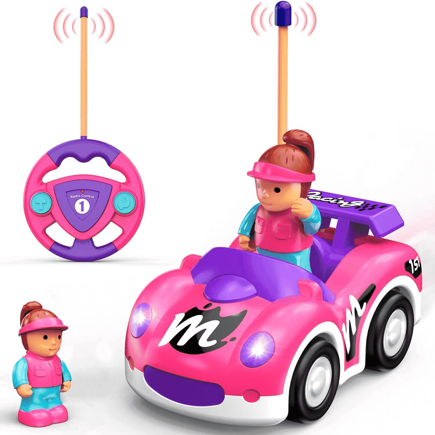 FRESHE Cartoon Remote Control Car, Rc Car with LED Lights & Music, Cars Toys for Ages 2-4,（Pink）