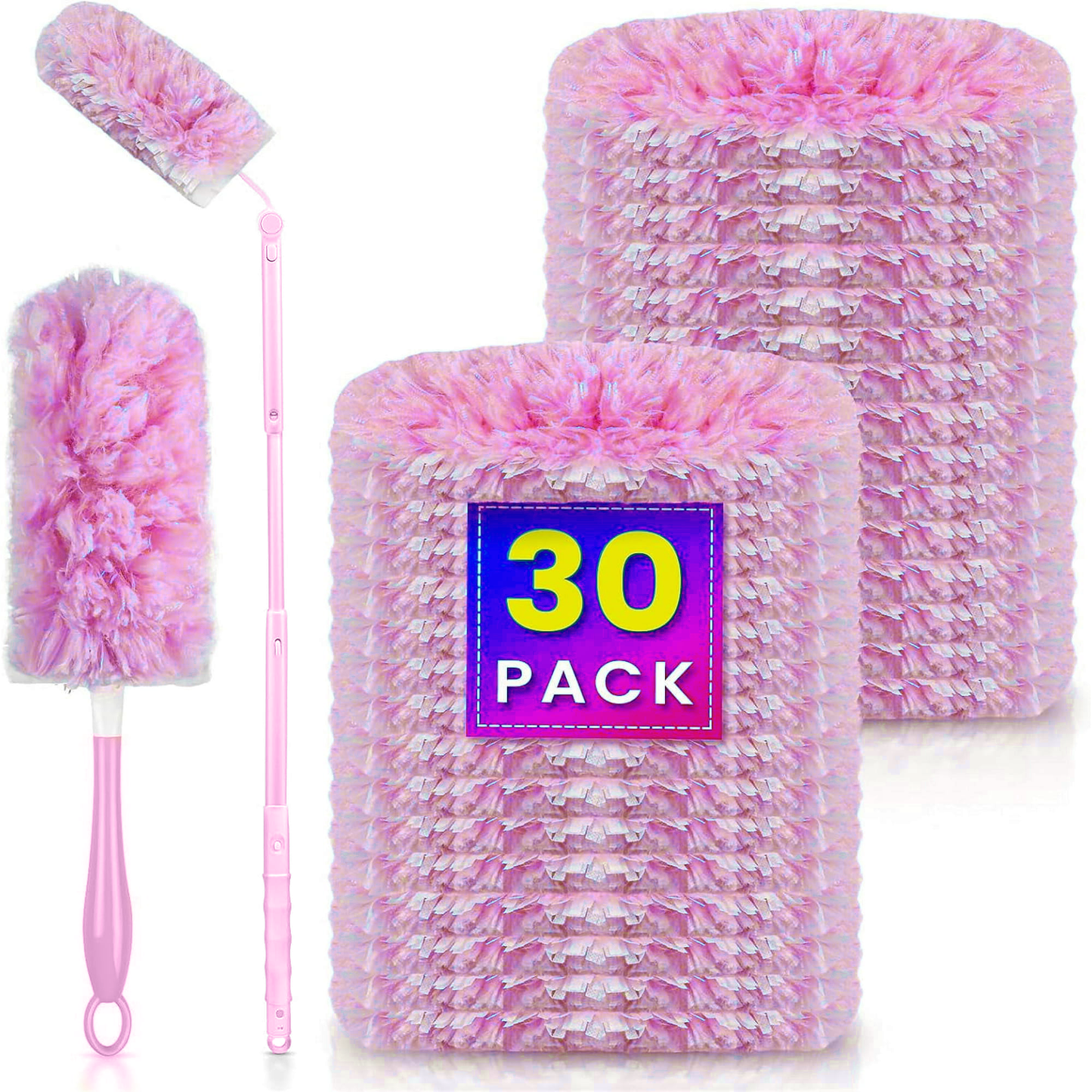 Heavy Duty Duster Refills for SwifferDuster, 30 pcs with Handle & Extendable Handle*1 , Multisurface 360° Dusters with 4X Microfibers(Pink)
