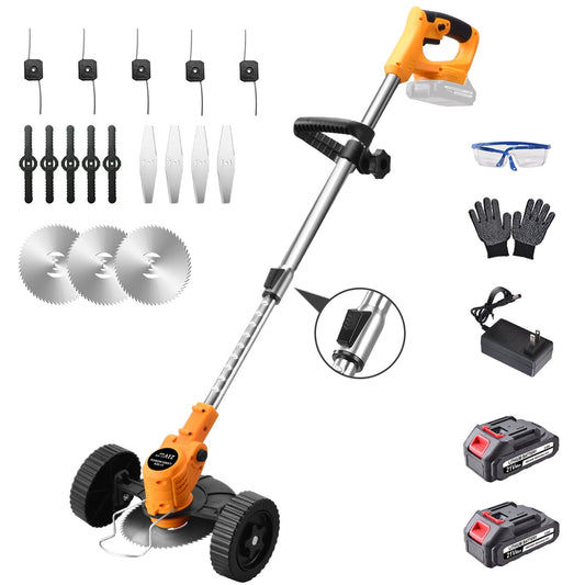 Electric Weed Wacker, Cordless String Trimmer with Wheels, 2Pcs 21V 2.0Ah Batteries, 4 Types of Blades, Adjustable Length, Weed Eater Grass Trimmer/Edger/Brush Cutter for Lawn Yard Garden