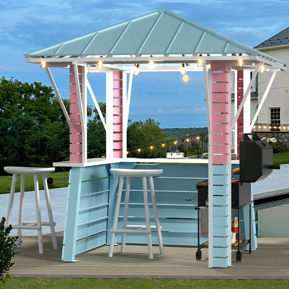 FONA 8'x8' Coastal Dream Outdoor Bar & Grill Gazebo with USB,Hooks,Open Sides for Backyard & Pool