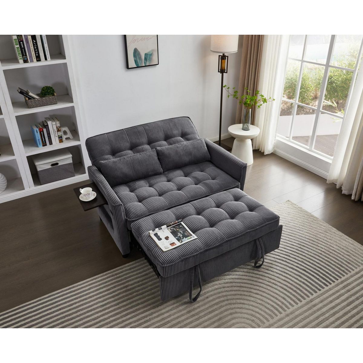 3 in 1 Corduroy Sofa Bed Adjustable Backrest USB Port Pull Out Couch Loveseat Convertible Sleeper Couch with Storage Pockets and Pillows