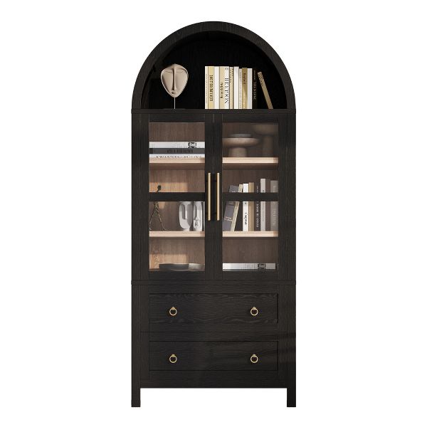 TIRAMISUBEST 71" Arched Kitchen Pantry Cabinet 2 Large Drawers Adjustable Shelves Glass Doors Modern Farmhouse Buffet Dining Storage