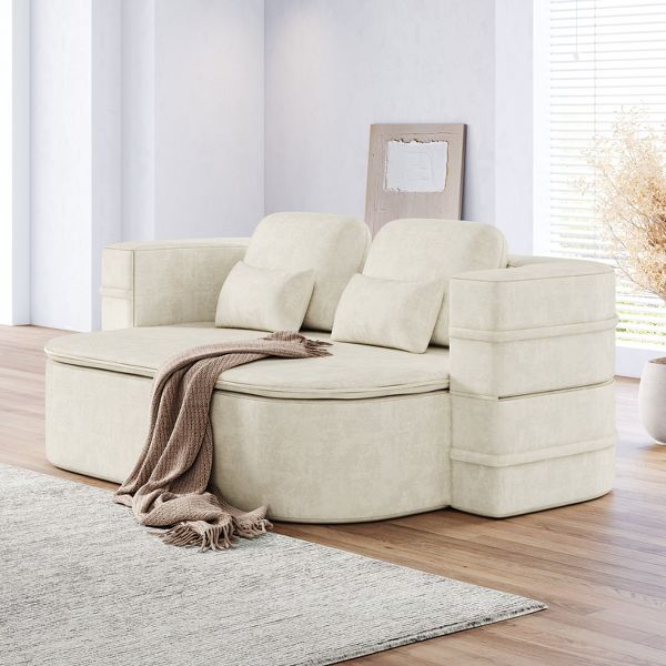 TiramisuBest 75" Foldable Chenille Floor Sofa, Convertible Sleeper Bed with Blanket for Living Room & Studio,Beige