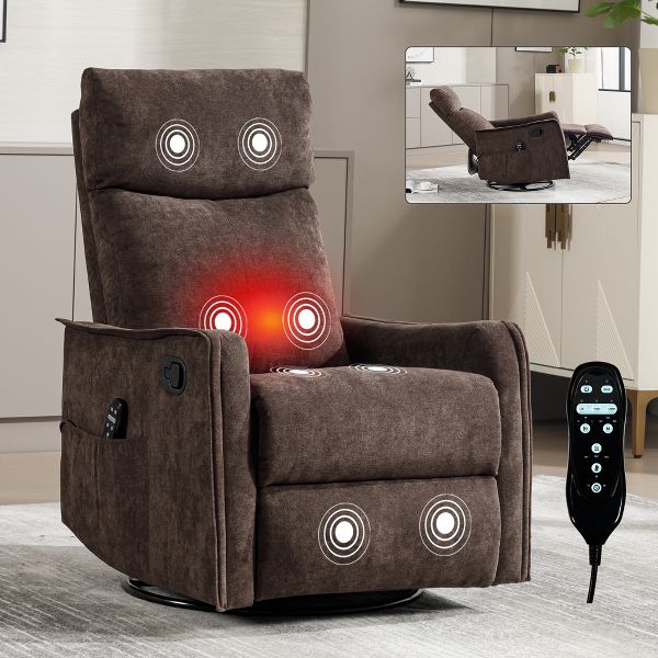 TIRAMISUBEST 3-Mode Fabric Heated Massage Manual Recliner Swivel Rocker Reclines Up to 155 Degrees and Features 8 Vibration Nodes