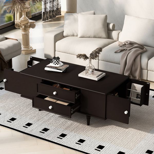 TiramisuBest Modern Coffee Table, 47.2" Rectangle Table with Solid Wood Legs, 4 Drawers & Side Storage,Brown