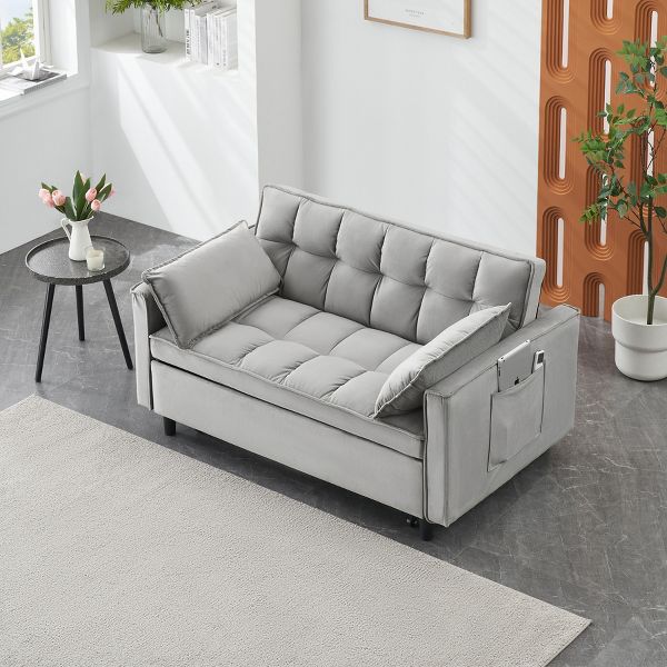 TiramisuBest 3-in-1 Velvet Loveseat Futon Sofa Bed, Convertible Pullout Couch with Pillows & Adjustable Backrest,Gray
