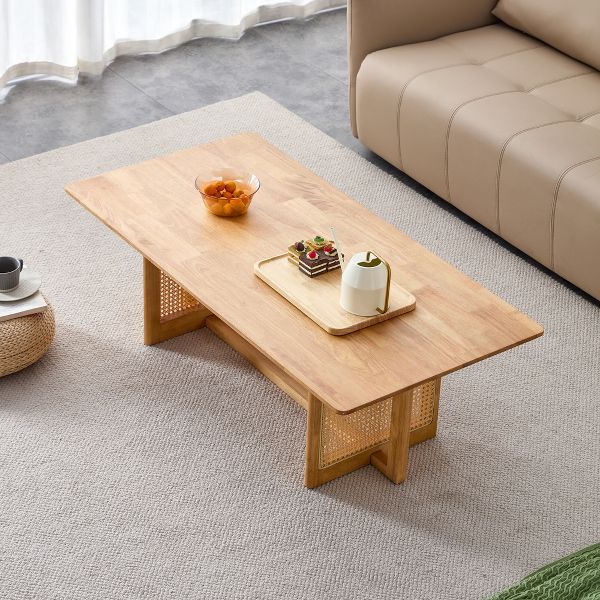 TiramisuBest Walnut Chinese Style Tea Table, Solid Wood Rectangular Coffee Table for Small Living Rooms