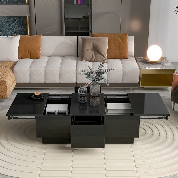 TiramisuBest Modern Coffee Table, 39.3"x21.6" Black High-Gloss with Sliding Top, Storage & Drawers,Black