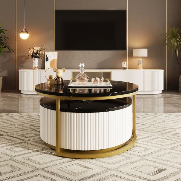 TiramisuBest 31.5" Round Fluted Coffee Table, Modern Nesting Table with Drawer in Black & Gold