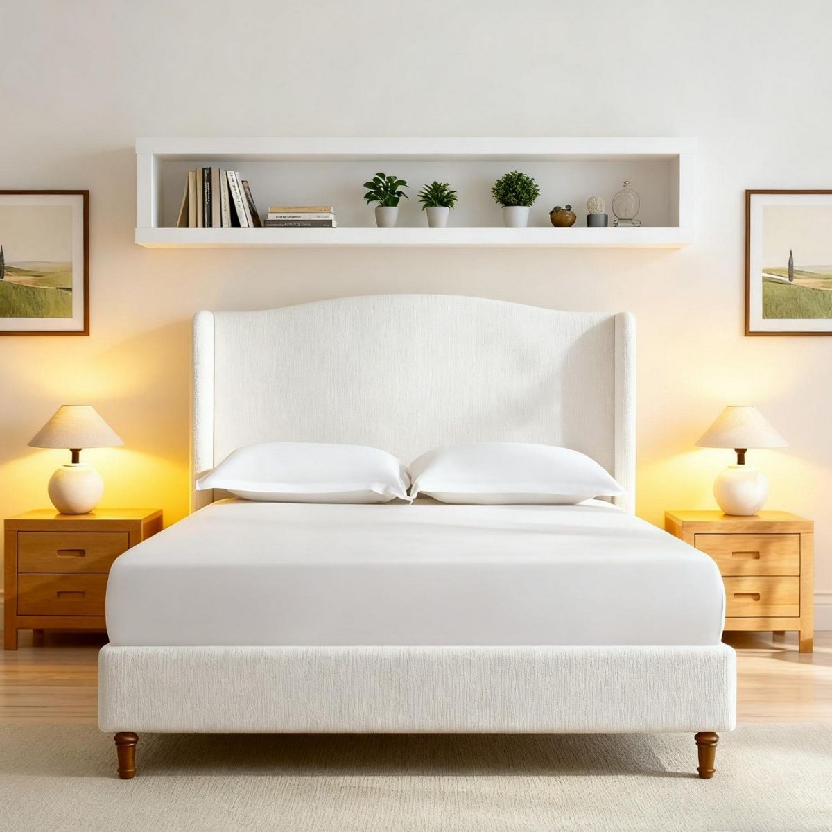 TIRAMISUBEST Tall 54" Upholstered Wingback Queen/King Bed Frame Tall Textured Canvas Chenille Look Minimalist No Box Spring Needed