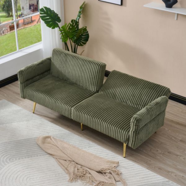 TiramisuBest 79" Corduroy Sofa Bed, Green Foldable Double Couch with Adjustable Armrests for Living Room & Apartments