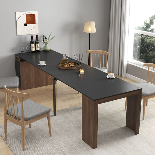 TiramisuBest Modern Walnut & Black Multifunctional Dining Table, Extendable with Storage and Built-In Outlet